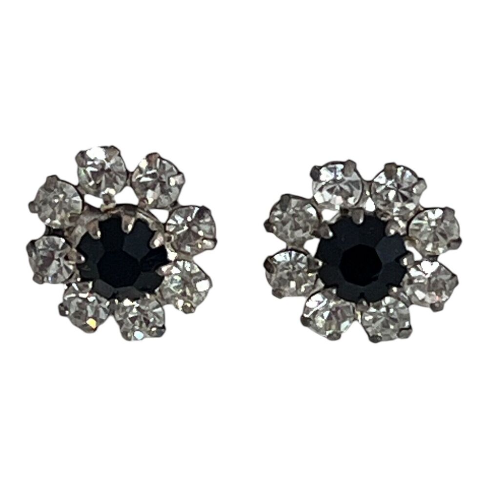 Vintage 1960s Rhinestone Stud Earrings Black Crystal Silver Tone - 5M